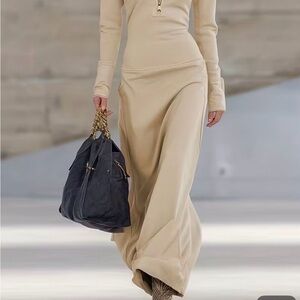 Elegant Cream Maxi Dress with Blue Handbag